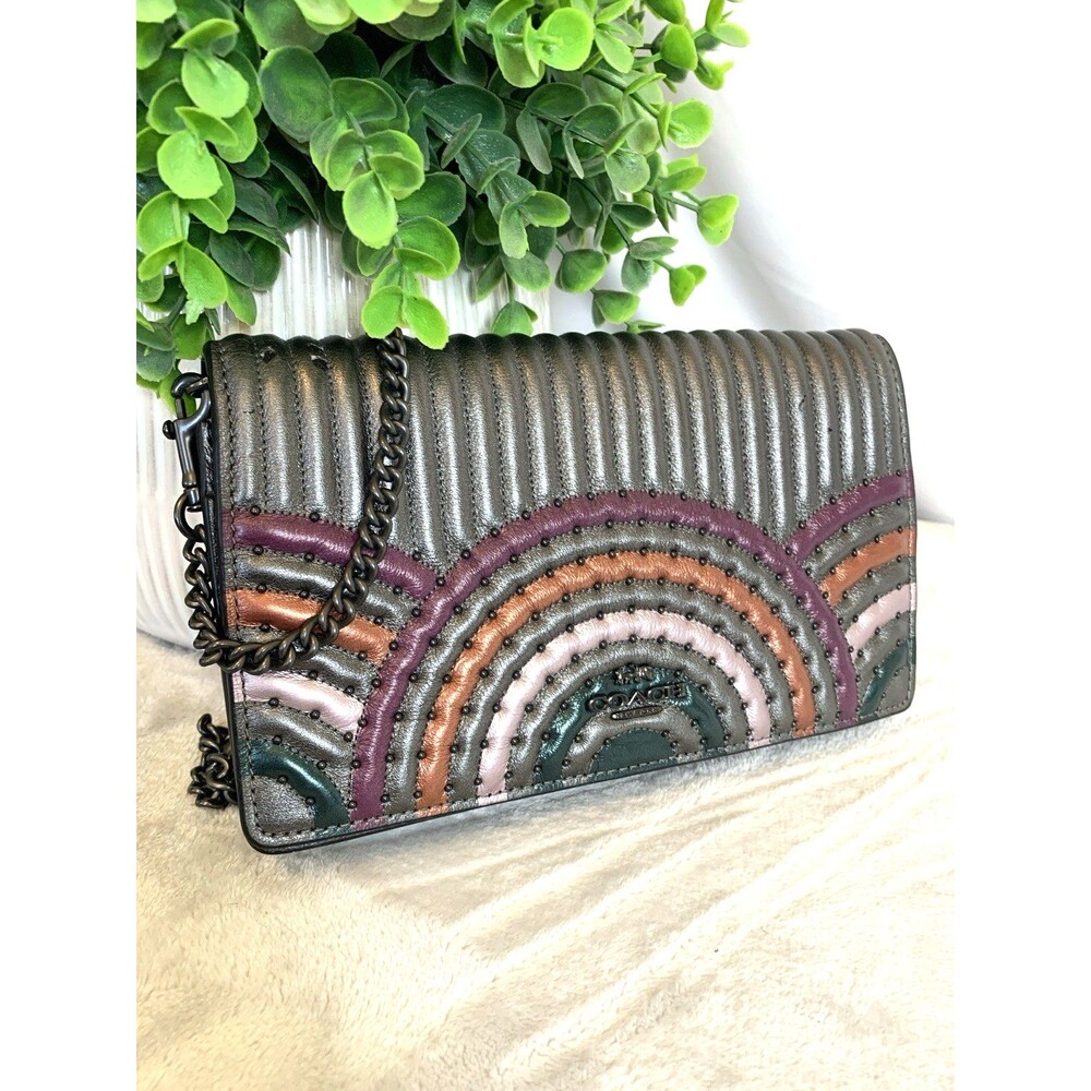 Coach Callie Foldover Chain Clutch Crossbody 38918 Metallic Quilted Leather